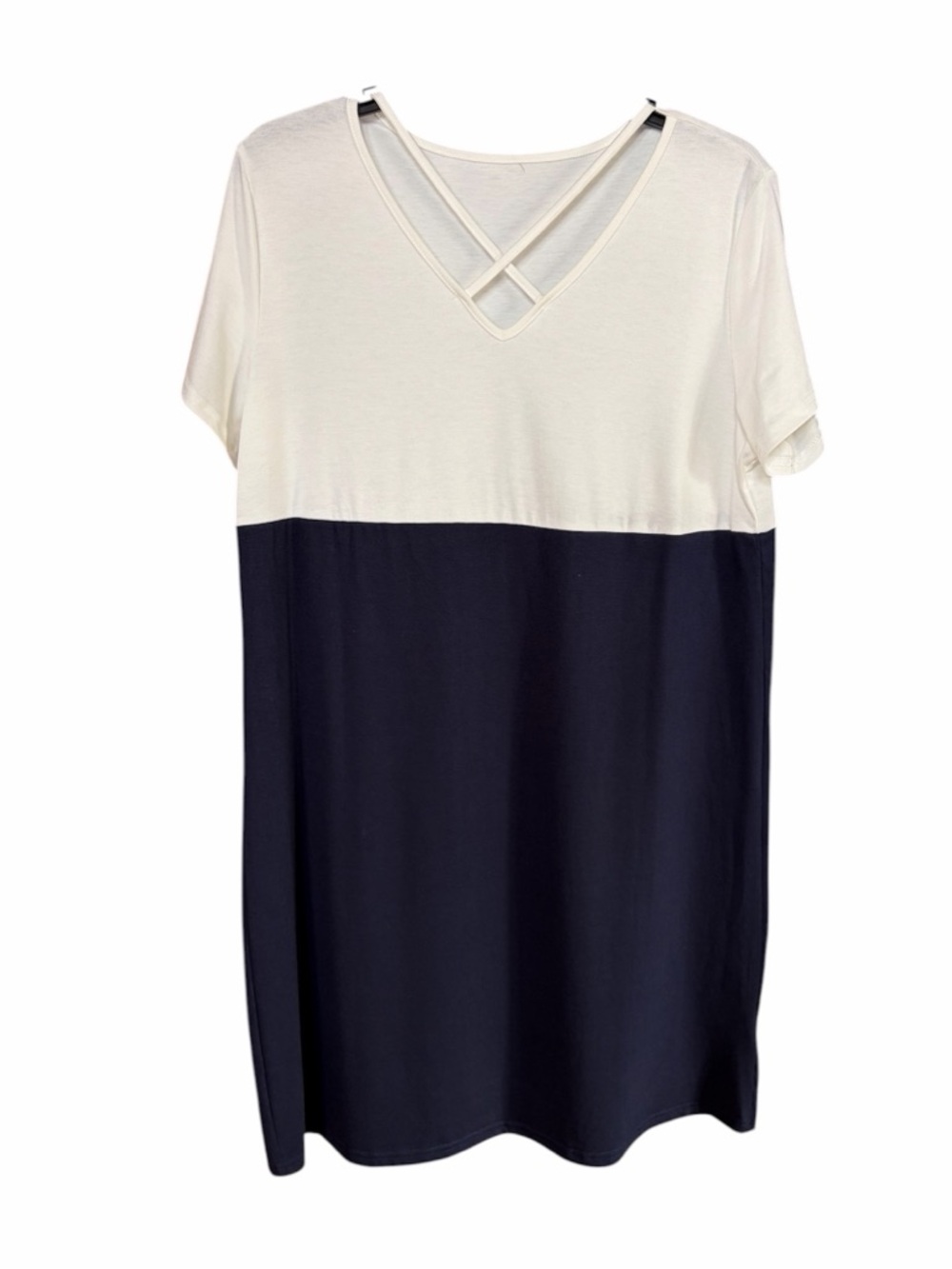 Colorblock V-Neck Short Sleeve Dress - White & Navy